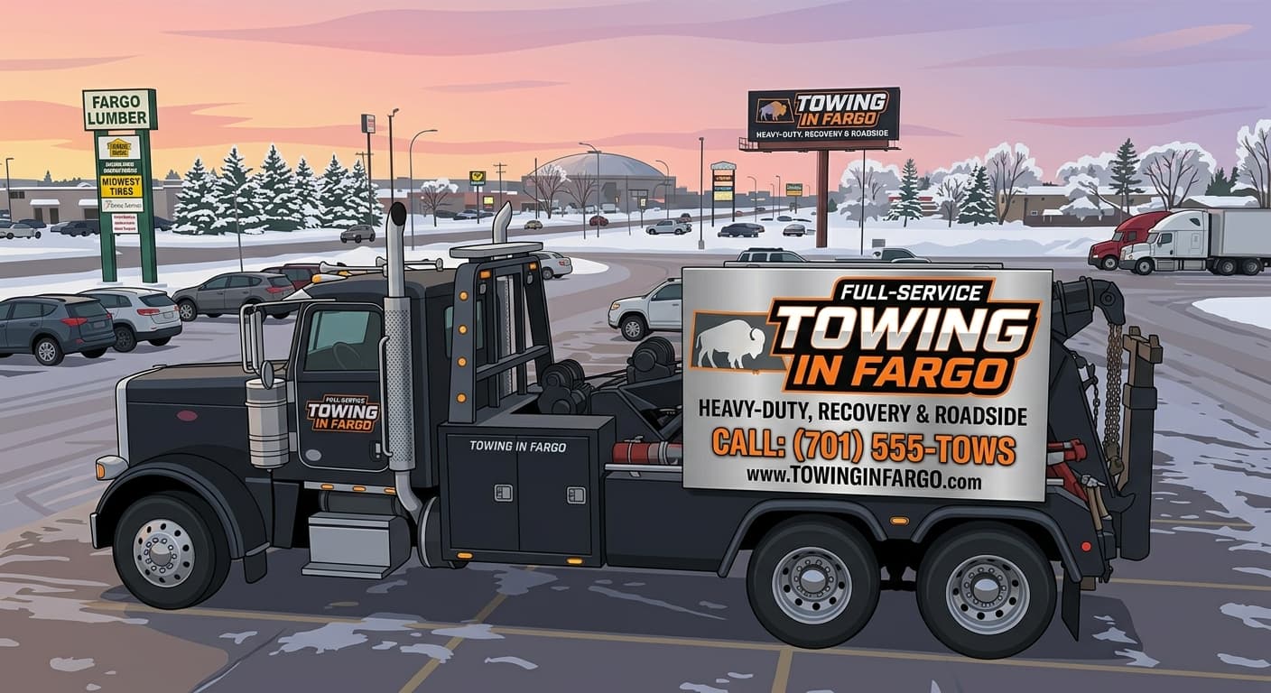 Towing in Fargo branded tow truck illustration with Fargo winter landmarks